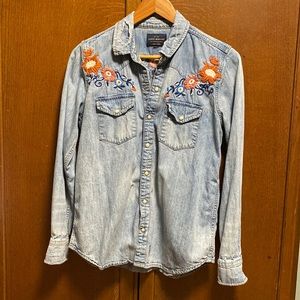 Lucky Brand Distressed denim snap button embroidered shirt